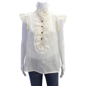 Monique Lhuillier Womens Silk Ruffle Detail Sleeveless Blouse Top Cream Size 12
